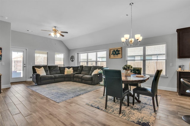 2309 Normandy Ave, Anna, TX 75409 - dining space featuring vaulted ceiling, ceiling fan, light wood finished floors, a chandelier, and baseboards