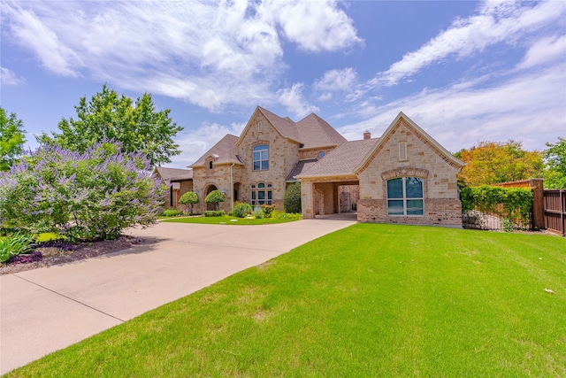 2454 Savanna Cir, Midlothian, TX 76065 - french country home featuring brick siding, concrete driveway, stone siding, and a chimney