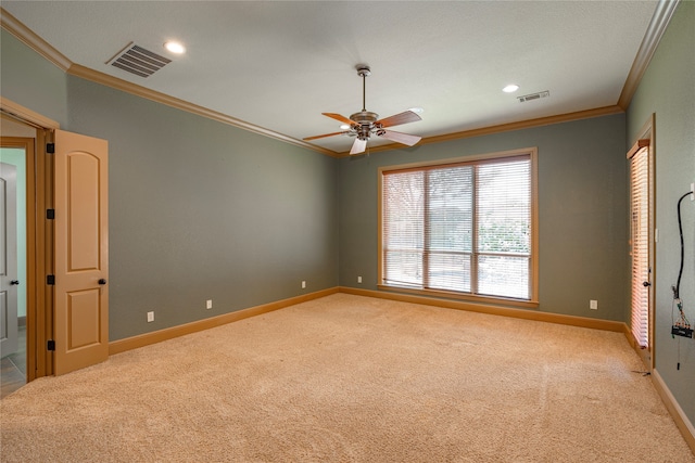2454 Savanna Cir, Midlothian, TX 76065 - empty room with crown molding, light colored carpet, a ceiling fan, baseboards, and recessed lighting