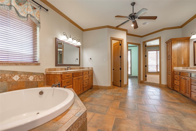 2454 Savanna Cir, Midlothian, TX 76065 - bathroom featuring baseboards, a ceiling fan, vanity, a garden tub, and ornamental molding
