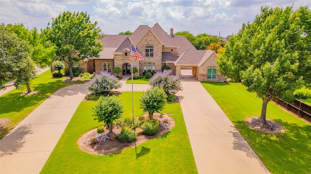 2454 Savanna Cir, Midlothian, TX 76065 - french country inspired facade featuring stone siding, brick siding, concrete driveway, a front yard, and a chimney