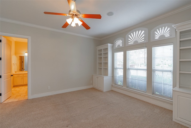 2454 Savanna Cir, Midlothian, TX 76065 - empty room with light colored carpet, ornamental molding, ceiling fan, and baseboards