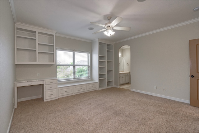 2454 Savanna Cir, Midlothian, TX 76065 - unfurnished bedroom with light carpet, arched walkways, ornamental molding, baseboards, and ceiling fan
