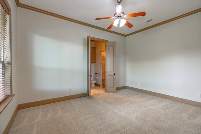 2454 Savanna Cir, Midlothian, TX 76065 - empty room featuring light carpet, a ceiling fan, baseboards, and ornamental molding