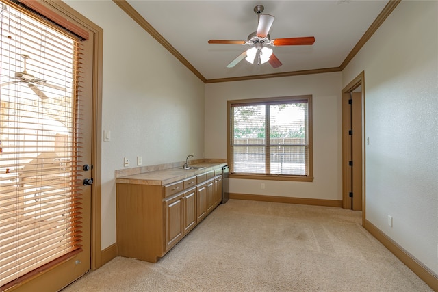 2454 Savanna Cir, Midlothian, TX 76065 - bar with crown molding, light colored carpet, a sink, baseboards, and a ceiling fan