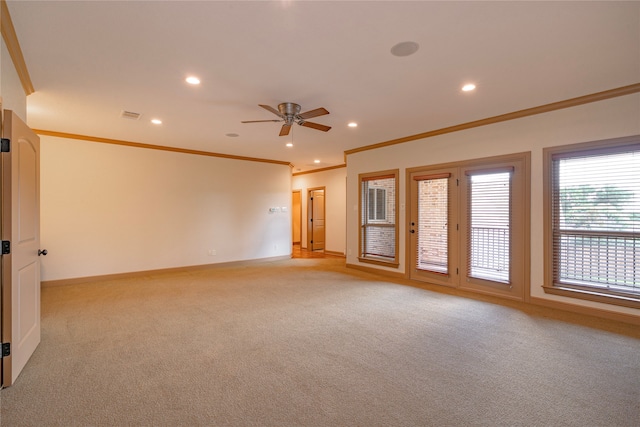 2454 Savanna Cir, Midlothian, TX 76065 - unfurnished room with crown molding, a ceiling fan, baseboards, light colored carpet, and recessed lighting