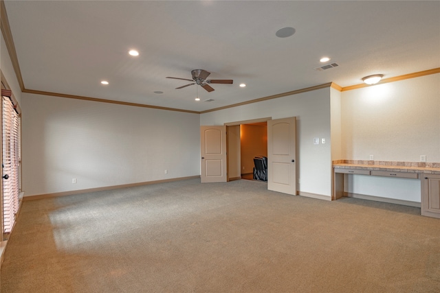 2454 Savanna Cir, Midlothian, TX 76065 - unfurnished bedroom with crown molding, baseboards, light carpet, recessed lighting, and ceiling fan