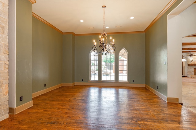 2454 Savanna Cir, Midlothian, TX 76065 - spare room with wood finished floors, a chandelier, ornamental molding, recessed lighting, and baseboards