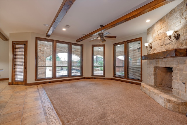 2454 Savanna Cir, Midlothian, TX 76065 - unfurnished living room featuring beamed ceiling, baseboards, a fireplace, a ceiling fan, and recessed lighting