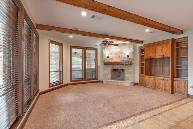 2454 Savanna Cir, Midlothian, TX 76065 - unfurnished living room featuring recessed lighting, a stone fireplace, ceiling fan, beam ceiling, and baseboards