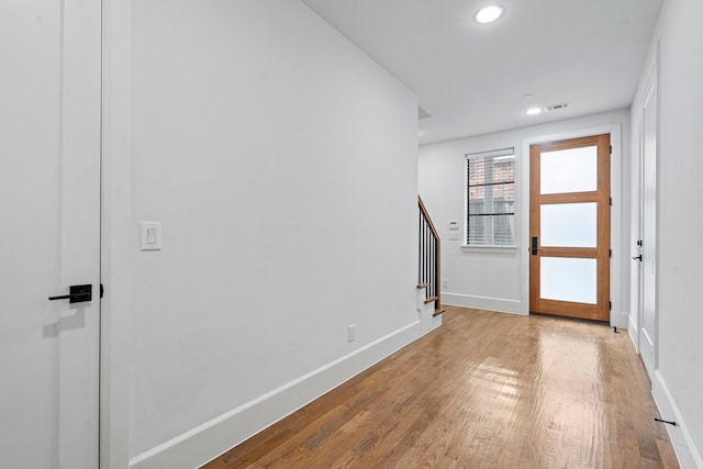4133 Emerson Ave Unit 1, University Park, TX 75205 - entrance foyer featuring baseboards, wood finished floors, stairway, and recessed lighting