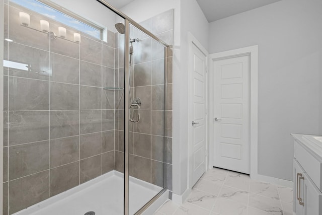 10650 Barrington Ln, Fort Worth, TX 76126 - bathroom with a shower stall, vanity, and marble look tile flooring