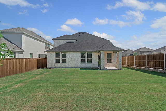 10650 Barrington Ln, Fort Worth, TX 76126 - rear view of house featuring a fenced backyard, a shingled roof, a patio area, and brick siding
