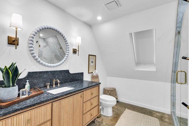 1223 Whispering Springs Dr, Tool, TX 75143 - bathroom with toilet, a shower stall, vanity, baseboards, and concrete floors