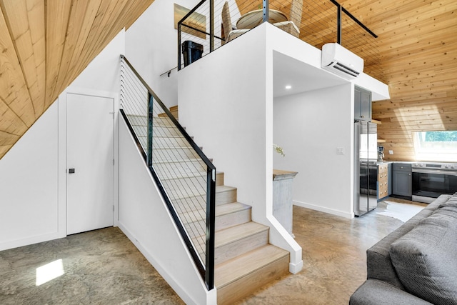 1223 Whispering Springs Dr, Tool, TX 75143 - stairway featuring a wall mounted air conditioner, wooden ceiling, high vaulted ceiling, wood walls, and baseboards