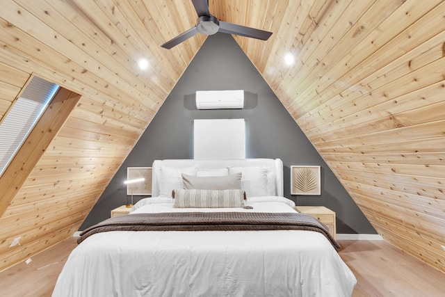 1223 Whispering Springs Dr, Tool, TX 75143 - bedroom with wood ceiling, a wall mounted air conditioner, wood finished floors, vaulted ceiling, and a ceiling fan