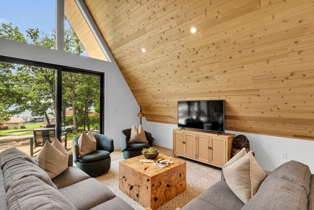 1223 Whispering Springs Dr, Tool, TX 75143 - living area with lofted ceiling, wood ceiling, and light colored carpet