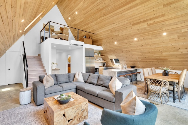 1223 Whispering Springs Dr, Tool, TX 75143 - living room with high vaulted ceiling, stairs, wooden ceiling, recessed lighting, and an AC wall unit