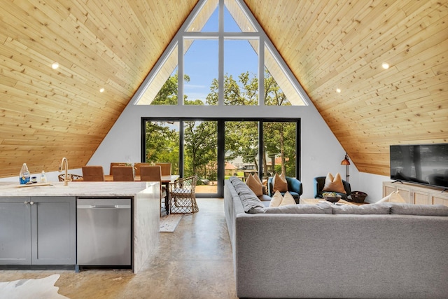 1223 Whispering Springs Dr, Tool, TX 75143 - living area featuring wood ceiling, concrete flooring, and high vaulted ceiling