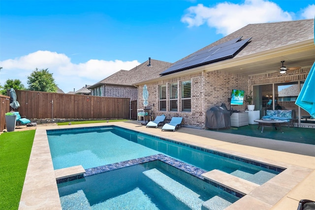 3912 River Bend St, Mckinney, TX 75071 - view of pool featuring a pool with connected hot tub, a ceiling fan, a patio area, and a fenced backyard
