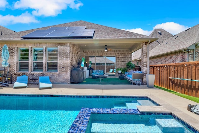 3912 River Bend St, Mckinney, TX 75071 - view of swimming pool with a ceiling fan, a patio area, an outdoor living space, and a pool with connected hot tub