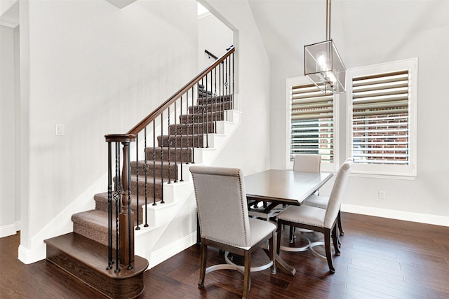 3912 River Bend St, Mckinney, TX 75071 - dining area featuring baseboards, stairs, and dark wood-type flooring