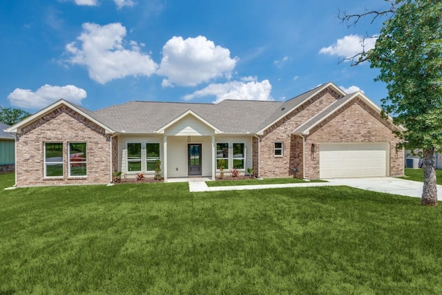 103 Jim Walters Dr, Runaway Bay, TX 76426 - view of front of property with brick siding, a front yard, a garage, driveway, and roof with shingles