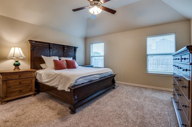 101 Aucuba Ln, Waxahachie, TX 75165 - bedroom featuring light colored carpet, vaulted ceiling, baseboards, and ceiling fan