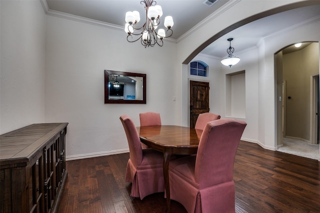101 Aucuba Ln, Waxahachie, TX 75165 - dining space featuring arched walkways, wood-type flooring, baseboards, ornamental molding, and a chandelier