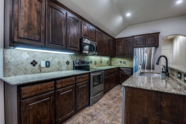 101 Aucuba Ln, Waxahachie, TX 75165 - kitchen with stainless steel appliances, a sink, arched walkways, lofted ceiling, and light stone counters