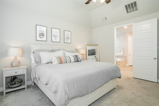 1507 Calcot Ln, Forney, TX 75126 - bedroom with carpet flooring, high vaulted ceiling, ensuite bath, a ceiling fan, and baseboards