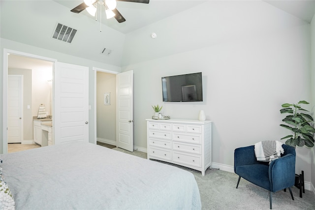 1507 Calcot Ln, Forney, TX 75126 - bedroom featuring baseboards, ensuite bathroom, light colored carpet, ceiling fan, and high vaulted ceiling