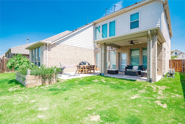 1507 Calcot Ln, Forney, TX 75126 - back of house with outdoor lounge area, a patio, a ceiling fan, and brick siding