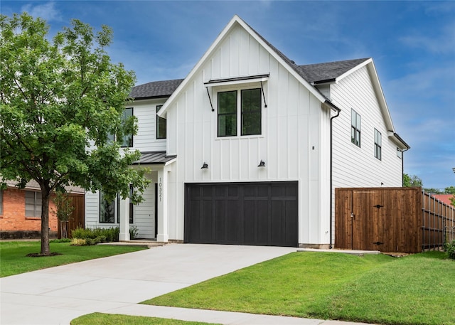10321 Lakemere Dr, Dallas, TX 75238 - modern inspired farmhouse with board and batten siding, roof with shingles, an attached garage, concrete driveway, and a standing seam roof