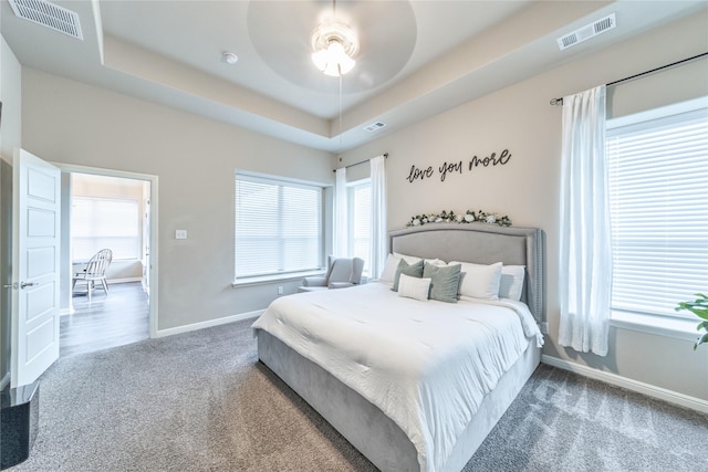 293 Cisco Trl, Forney, TX 75126 - bedroom with carpet flooring, baseboards, a raised ceiling, and ceiling fan