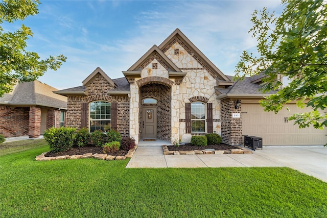 293 Cisco Trl, Forney, TX 75126 - french provincial home featuring stone siding, a front yard, brick siding, driveway, and roof with shingles