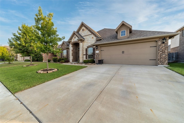 293 Cisco Trl, Forney, TX 75126 - french provincial home featuring concrete driveway, a front yard, an attached garage, brick siding, and stone siding