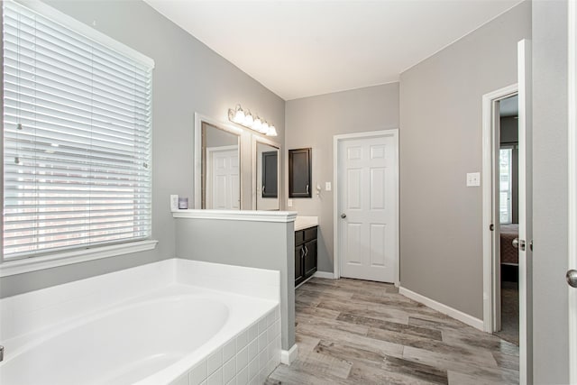 1253 Stone Ln, Celina, TX 75009 - full bath featuring a garden tub, vanity, and wood finished floors