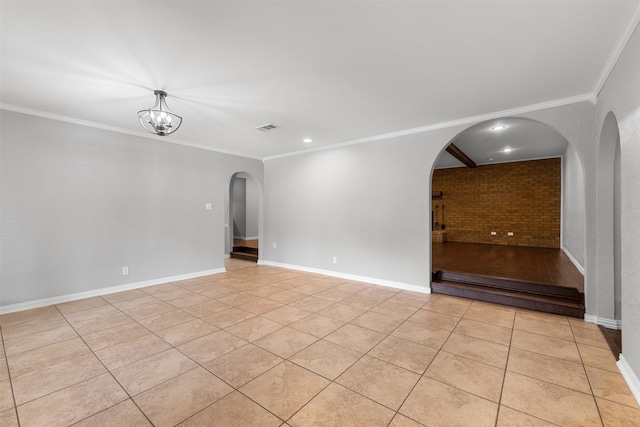 7624 Lake Highlands Dr, Fort Worth, TX 76179 - spare room featuring arched walkways, ornamental molding, light tile patterned floors, recessed lighting, and a chandelier