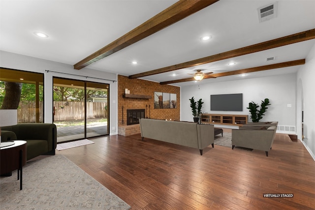 7624 Lake Highlands Dr, Fort Worth, TX 76179 - living area featuring wood-type flooring, a brick fireplace, beam ceiling, ceiling fan, and recessed lighting