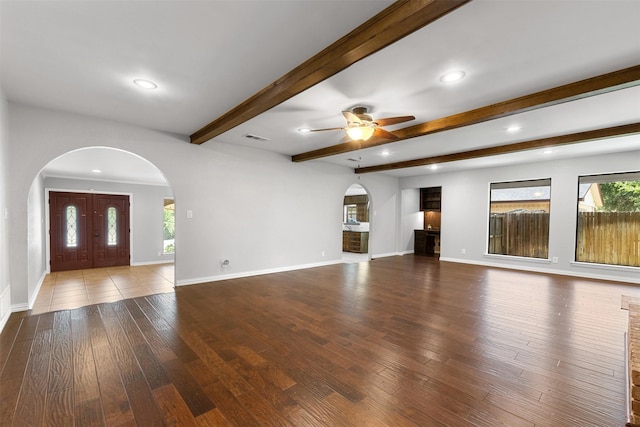 7624 Lake Highlands Dr, Fort Worth, TX 76179 - unfurnished living room with arched walkways, wood-type flooring, baseboards, ceiling fan, and recessed lighting