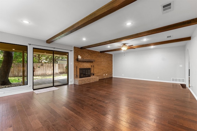 7624 Lake Highlands Dr, Fort Worth, TX 76179 - unfurnished living room with a ceiling fan, baseboards, wood finished floors, beamed ceiling, and recessed lighting