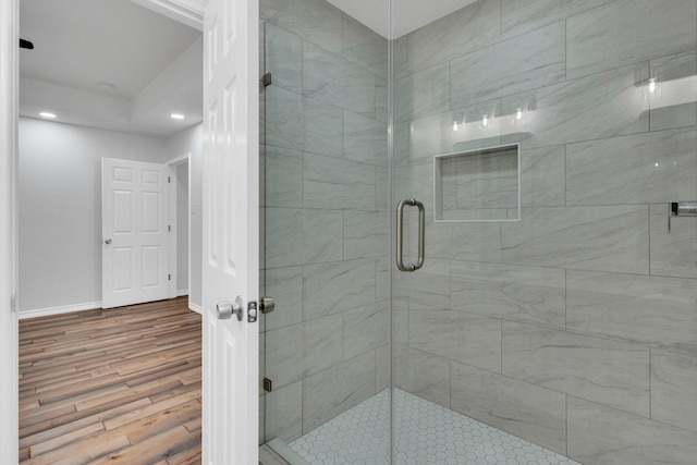 307 Pebble Creek Ln, Red Oak, TX 75154 - bathroom with a shower stall, wood finished floors, recessed lighting, and baseboards