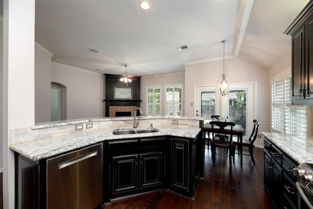5141 Pinellas Ave, Fort Worth, TX 76244 - kitchen featuring dishwasher, a sink, stove, dark wood-style floors, and ceiling fan