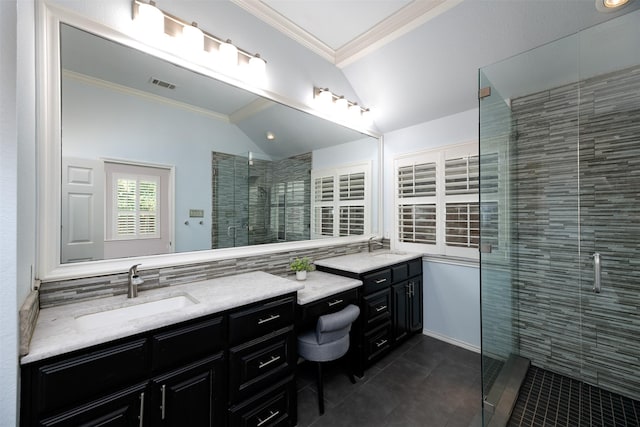 5141 Pinellas Ave, Fort Worth, TX 76244 - bathroom with vaulted ceiling, tile patterned flooring, vanity, a shower stall, and ornamental molding
