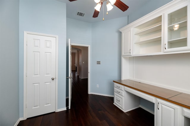 5141 Pinellas Ave, Fort Worth, TX 76244 - unfurnished office featuring built in desk, a ceiling fan, dark wood-type flooring, and baseboards