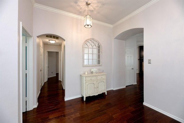 5141 Pinellas Ave, Fort Worth, TX 76244 - hallway with arched walkways, dark wood-style floors, crown molding, and baseboards
