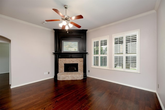 5141 Pinellas Ave, Fort Worth, TX 76244 - unfurnished living room featuring wood finished floors, a large fireplace, crown molding, a ceiling fan, and baseboards