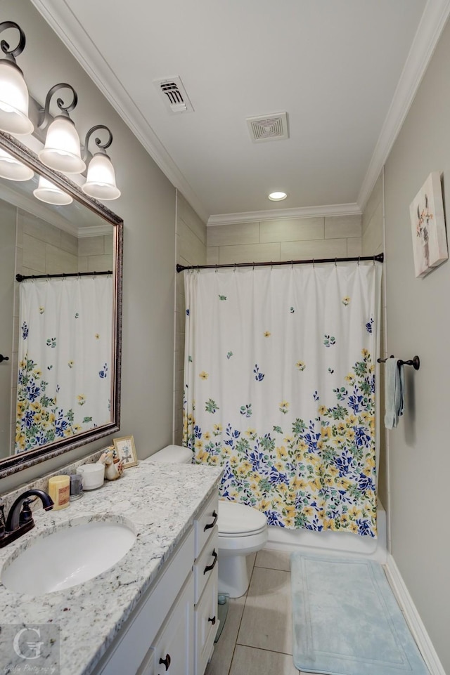 1029 Spanish Moss Cir, Bossier City, LA 71111 - bathroom featuring vanity, tile patterned flooring, toilet, crown molding, and shower / bath combo