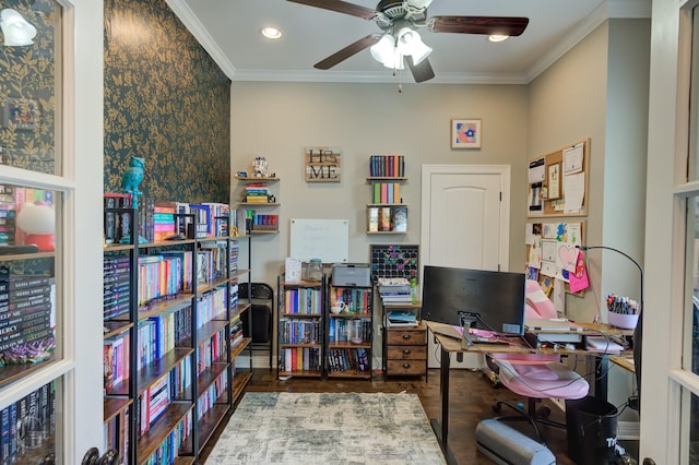 1029 Spanish Moss Cir, Bossier City, LA 71111 - office space featuring a ceiling fan, ornamental molding, recessed lighting, and wood finished floors